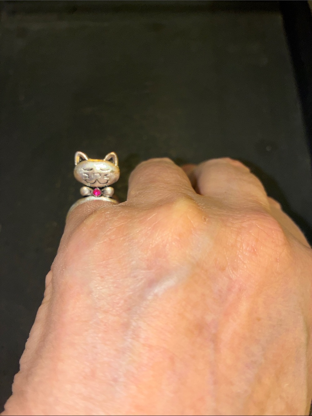 Silver Cat Stretch Ring with Pink Accent